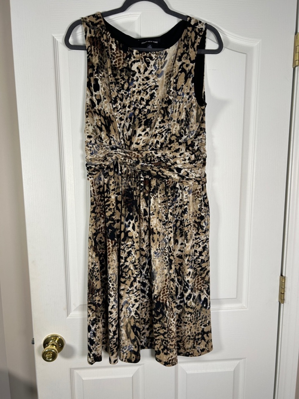 Jones New York Black and Tan Leopard-Print Midi Dress size 12